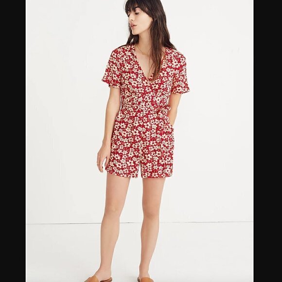 Madewell Wrap-Front Romper 00 in Mini Daisy Floral Print Red Cream Retro Preppy - Picture 3 of 3